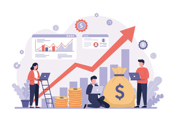 Modern Business Team Planning Financial Growth Strategy – Flat Style Vector Illustration with Charts, Graphs, Money Bag, Coins, Laptop, Arrow, Office Elements – Editable Design for Presentation.