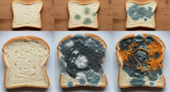 Bread slices showing mold growth progression