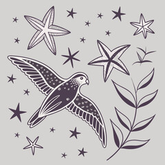 Vector art of a whimsical illustration featuring a bird in flight surrounded by starfish, stars, and a leafy branch, creating a dreamy and celestial scene, perfect for natureinspired designs