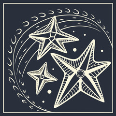 Obraz premium Vector art of stylized illustration of three starfish in a circular frame with decorative lines, creating a nautical and artistic design, perfect for oceanthemed projects, vector art
