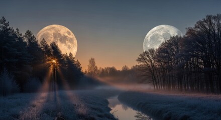 Twin moons rise over frosted trees; stream flowing through misty dawn landscape, light rays