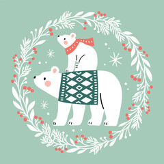 Polar bear family in wreath. Hand drawn cute Christmas clipart. Perfect for card, logo or nursery print design. EPS10 vector file. Editable illustration on isolated background. © MirabellePrint