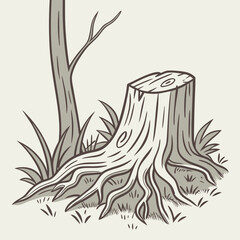 Illustration of a tree stump with exposed roots and a small tree next to it, creating a natural scene, perfect for naturethemed designs, educational materials, or environmental projects