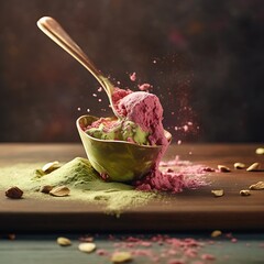 Pistachio Ice Cream Mockup in Brass Bowl with Raspberry