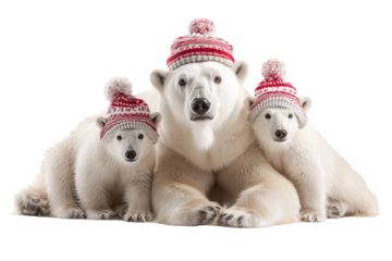 A Christmas polar bear family in festive hats, isolated on a transparent background.