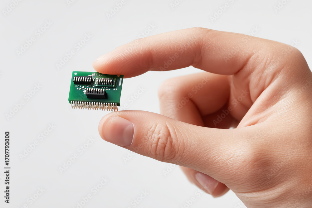 Poster hand holding a small green circuit board with microchips in a studio setting for technology concept