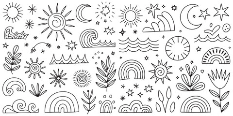 Boho Seamless Pattern. Doodle, line art icon set, floral pattern, boho pattern, line art, Hand Drawn Abstract Rainbow Sun Moon Floral Printable