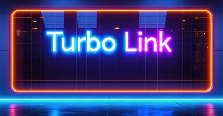 Fototapeta premium Neon sign displays Turbo Link. Bright colors illuminate dark reflective floor. Modern design evokes futuristic aesthetic.