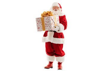 Fototapeta premium A Christmas Santa Claus holding a big present box, isolated on a transparent background.