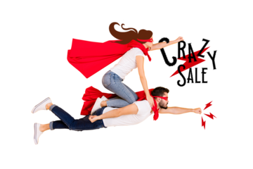 Composite photo collage of two serious girl guy fly superhero character crazy sale discount offer retail isolated on painted background