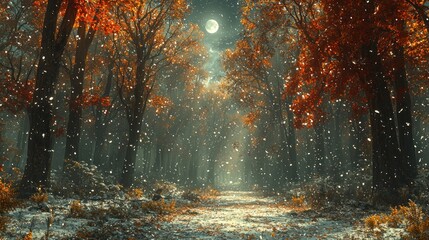 Snowfall in autumn forest at night, moonlit path.