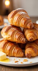 Stacked croissants, golden-brown and flaky, topped with powdered sugar, sit attractively on a white plate, showcasing deliciousness and a delightful breakfast scene.