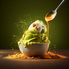 Green Ice Cream Mockup with Vanilla Scoop and Caramel Drizzle
