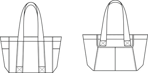 Tote bag vector mockup, front and back view, fashion accessory template, blank shopping handbag design, minimalist carry bag illustration