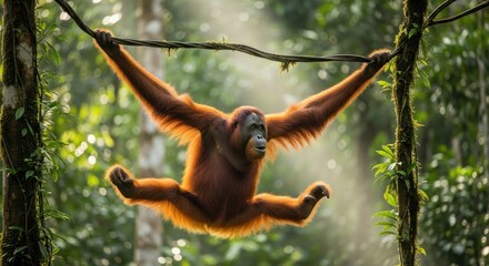Naklejka premium Orangutan swings through rainforest canopy, arms outstretched, sun rays piercing through foliage