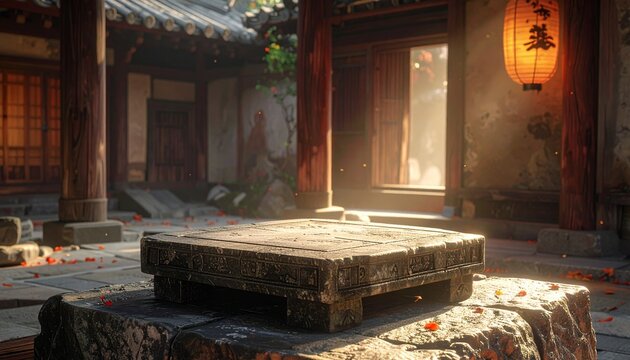 Tranquil courtyard Stone platform lantern architecture
