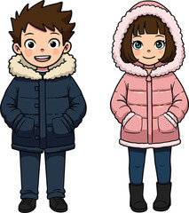 Cartoon kids in stylish winter jackets, boy in dark blue coat, girl in pink hooded coat, warm children fashion illustration