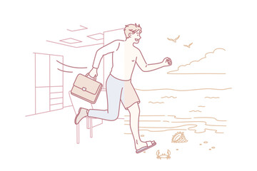 Waiting for vacations and rest concept. Young smiling business man half wearing official suit in office half running to beach in swimwear vector illustration