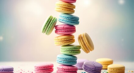 Obraz premium Stacked macarons colorful, delicate, and playful on soft background