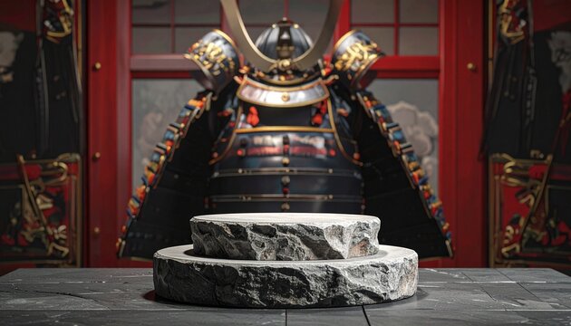 Stone podium beneath samurai armor