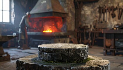 Forges stone platform before fiery blacksmithing