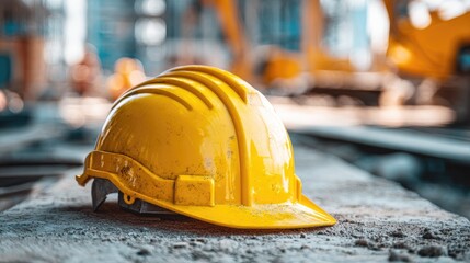 Yellow Safety Hard Hat on Construction Site Surrounded by Tools and Equipment in Bright Natural Lighting