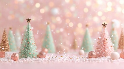 A whimsical holiday scene on a soft pastel pink surface featuring miniature Christmas trees in mint green and blush rose colors