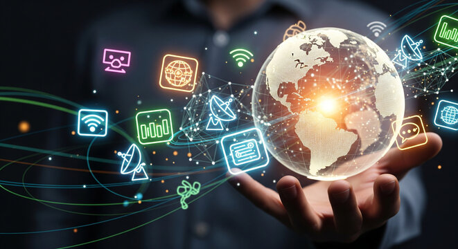 A persons open palm holds a glowing digital globe surrounded by colorful neon icons representing various communication and technology services