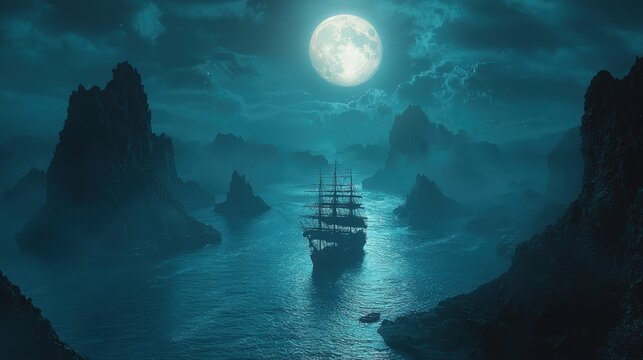 Sailing ship at night in a moonlit, rocky cove.