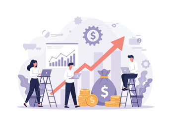 Modern Business Team Planning Financial Growth Strategy – Flat Style Vector Illustration with Charts, Graphs, Money Bag, Coins, Laptop, Arrow, Office Elements – Editable Design for Presentation.