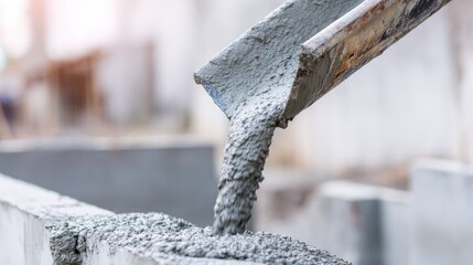 Close-Up of Fresh Concrete Being Poured from a Trowel into a Construction Site Forms