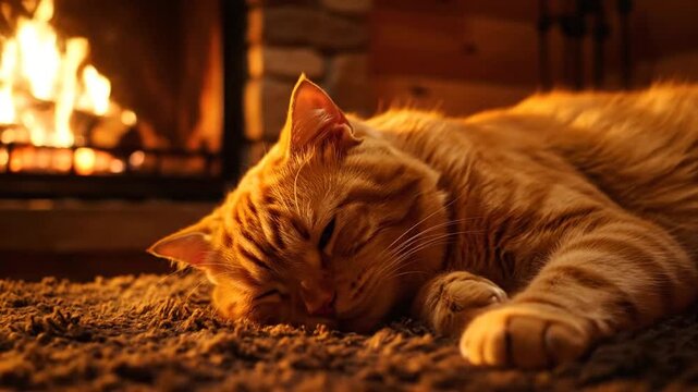 Cozy cat nestled comfortably asleep in front of a warm and inviting crackling fireplace on a cold winter evening
