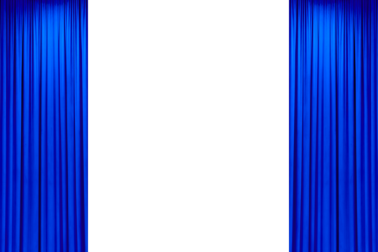 Straight open blue silk curtains, stage of a movie theater or stage, isolated on transparent background
