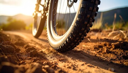 Mountain Bike Tire on Muddy Trail at Sunset with Golden Light and Mountain Backdrop after Rain Wet Conditions Adventure Sport Outdoors