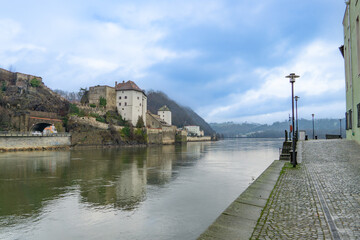 Niederhaus Castle in Passau, Germany, on a rocky promontory where the Danube and Ilz meet