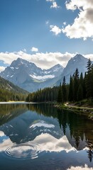 Serene mountain lake reflecting a majestic sky, showcasing a tranquil scene with ripples and mirrored peaks.