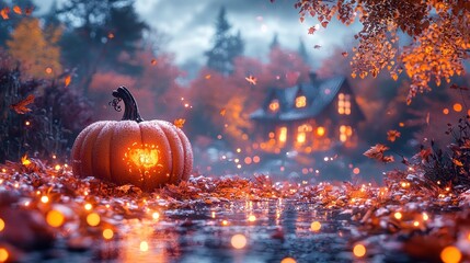 Glowing jack-o'-lantern in autumnal scene.