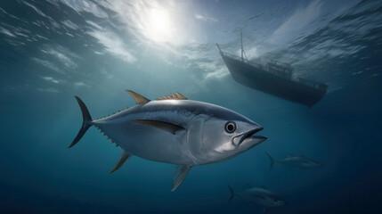 Obraz premium Tuna swimming underwater near fishing boat ocean environment marine life perspective
