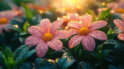Pink flowers with rain drops in sunset.