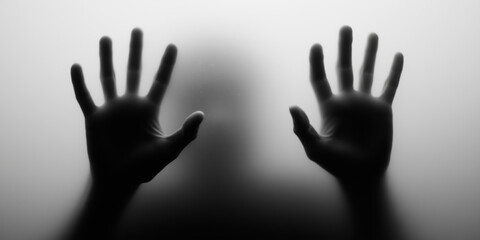 Struggling against glass barrier abstract concept of isolation dark environment