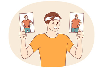 Transformation of man lost weight, proud of good results and getting rid of belly fat thanks to sports training. Man lost weight using fitness or running to increase burning calories from food