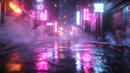 Cyberpunk alleyway at night, neon lights reflecting on wet street.