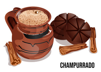 Traditional Champurrado Illustration – Mexican Hot Chocolate Atole with Cinnamon and Chocolate Tablets