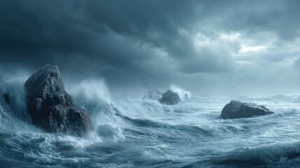 Intense ocean waves crashing against rugged rocks stormy seascape high-resolution dramatic atmosphere nature's power