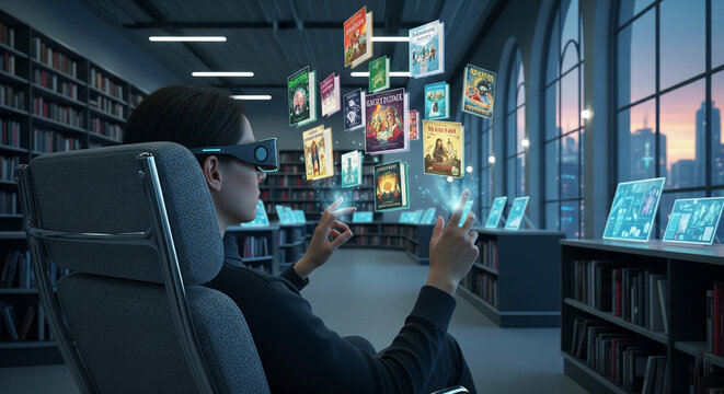 Person wearing vr headset interacting with floating digital book covers in a futuristic library setting, symbolizing immersive learning - Powered by Adobe