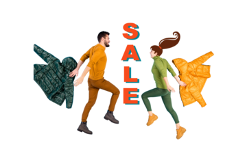 Composite photo collage of two happy girl guy jump together autumn warm clothes shopping sale discount isolated on painted background