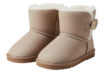 Pair of cozy beige winter boots with faux fur lining isolated on transparent background, perfect for keeping feet warm and stylish during cold weather