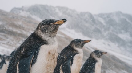 Three penguins in the snow with a snowy mountain landscape in the background