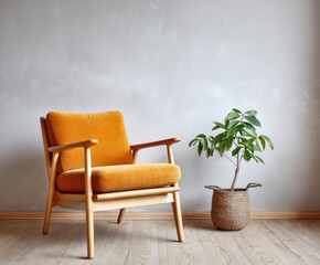Fototapeta premium A mid-century modern armchair with mustard-yellow upholstery, situated beside a small potted plant in a light-gray room.