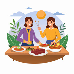 Two Women Enjoying Festive Meal Outdoors